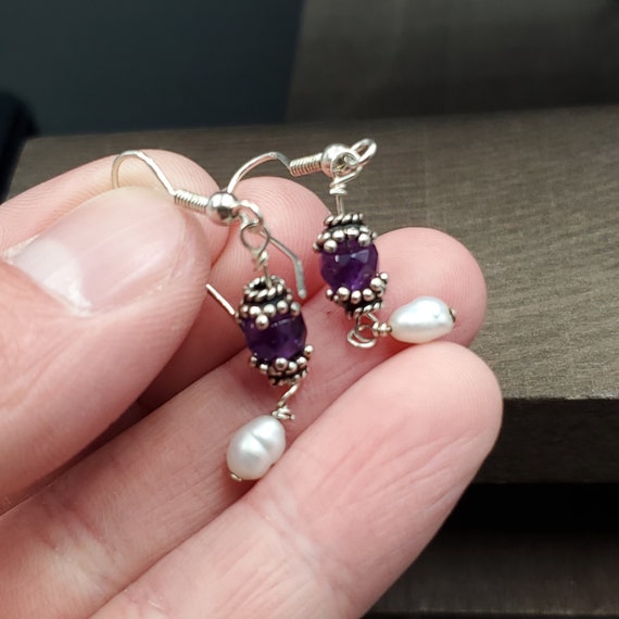 Sterling Silver Small Amethyst And Pearls Long Ea… - image 2