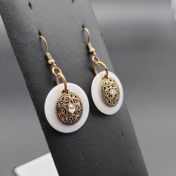 Copper White Shell And Crystal Dangle Earrings A6… - image 2