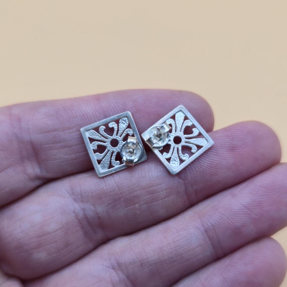 Sterling Silver Unique Pattern Rustic Small Earri… - image 4