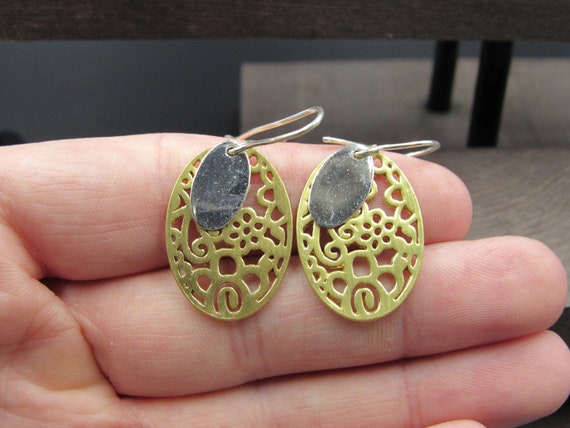 Sterling Silver Oval Complex Pattern Dangle Earri… - image 1