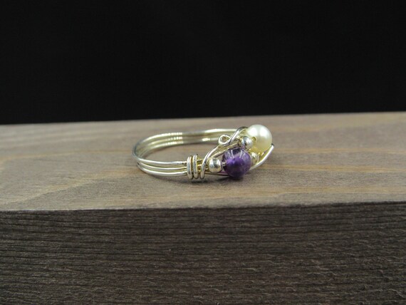 Size 9 Sterling Silver Wire Pearl & Amethyst Orb … - image 3