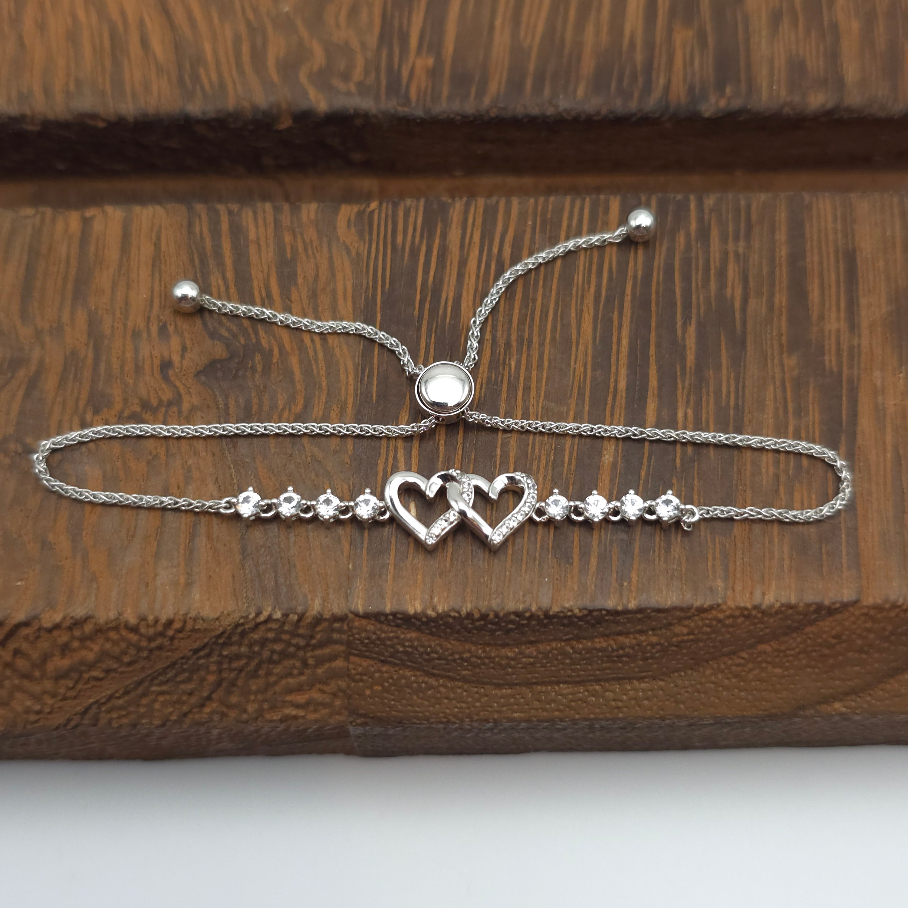 7 Inch 925 Sterling Silver Topaz Gem Hearts Adjustable