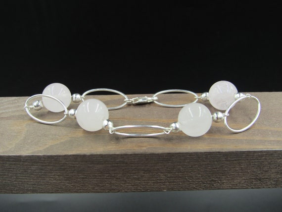 8" Sterling Silver Rose Quartz Orb Bracelet Vinta… - image 1