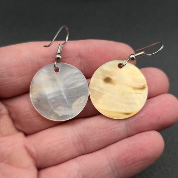 Silver Plated Circle Cream Shell Dangle Earrings … - image 3