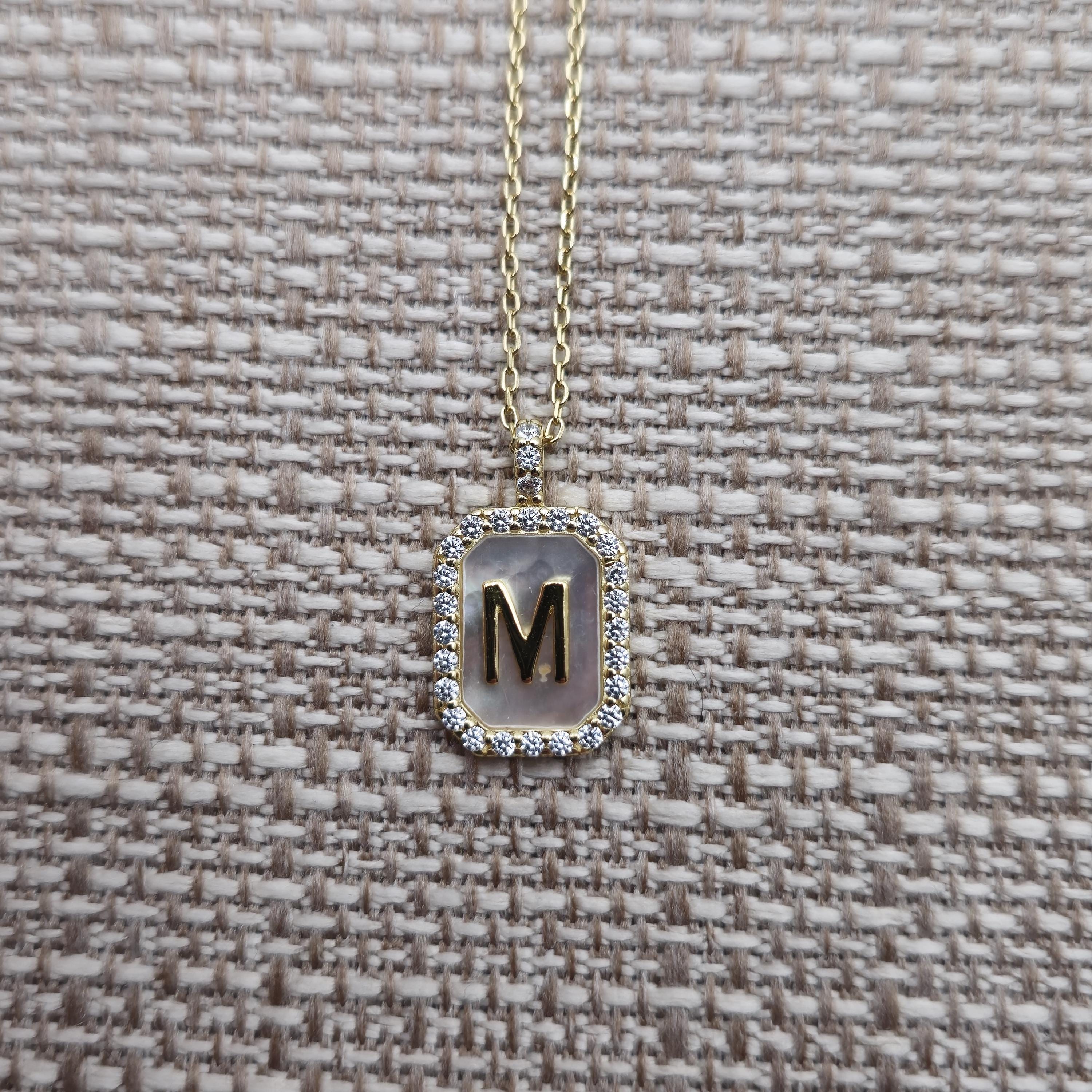 18 Inch Gold Over Sterling Silver Letter M Shell and CZ Necklace