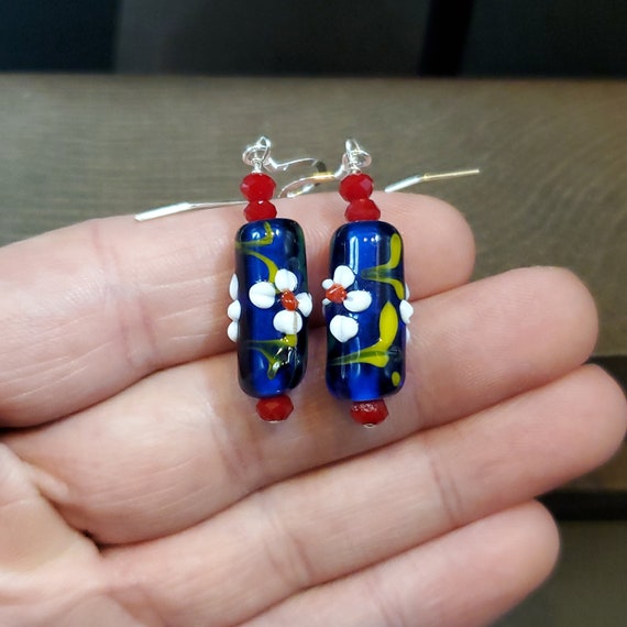 925 Sterling Silver Handmade Blue Red White Flora… - image 1