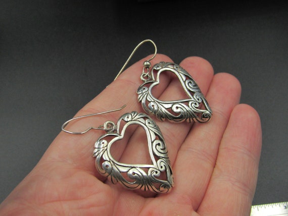 Sterling Silver Large Ornate Heart Drop Earrings … - image 2