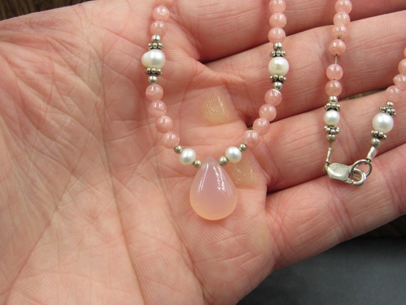 14" Sterling Silver Rose Quartz Stones And Pearls… - image 2