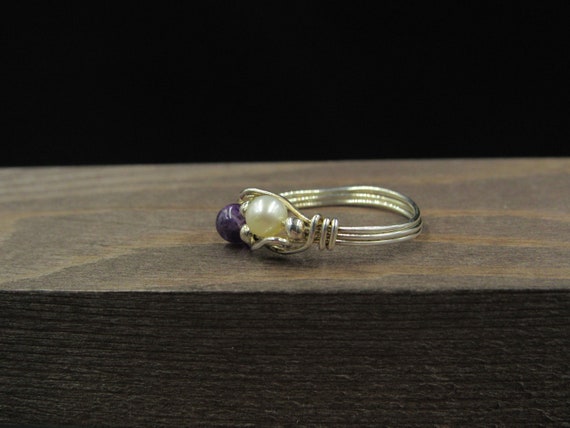 Size 9 Sterling Silver Wire Pearl & Amethyst Orb … - image 2