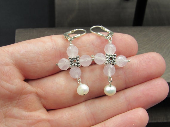 Sterling Silver Four Faceted Rose Quartz And Pear… - image 2