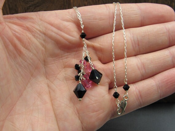 18" Sterling Silver Black Pink Crystal Necklace V… - image 2