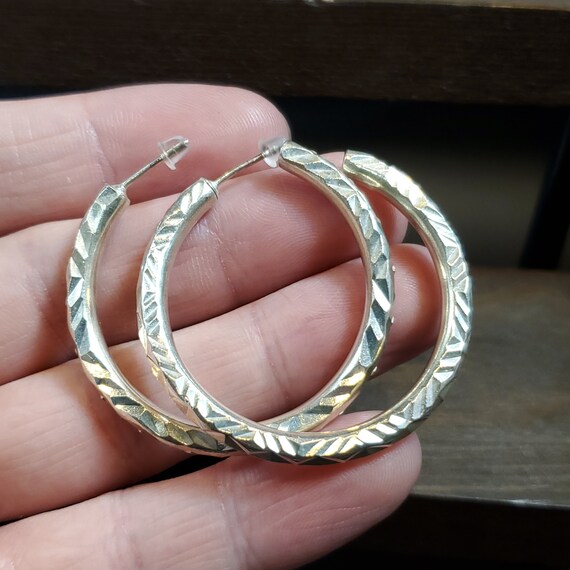 Sterling Silver Cool Pattern Large Open Hoop Earr… - image 2