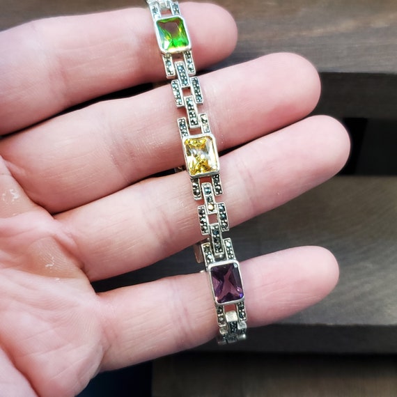 7 Inch Sterling Silver Colorful CZ And Marcasite … - image 3
