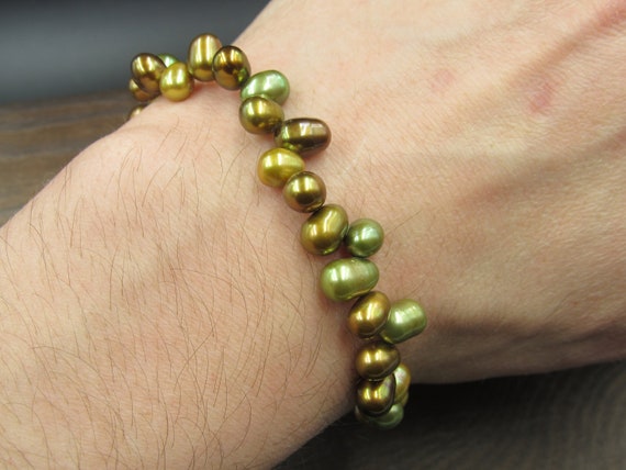7 Inch Brown And Green Genuine Pearls Expandable … - image 2