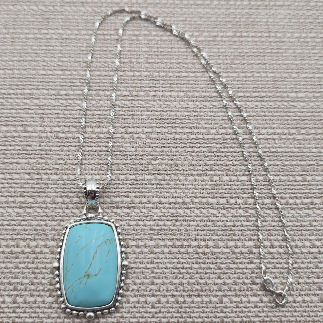 18 Inch Sterling Silver Large Turquoise Stone Pendant Necklace