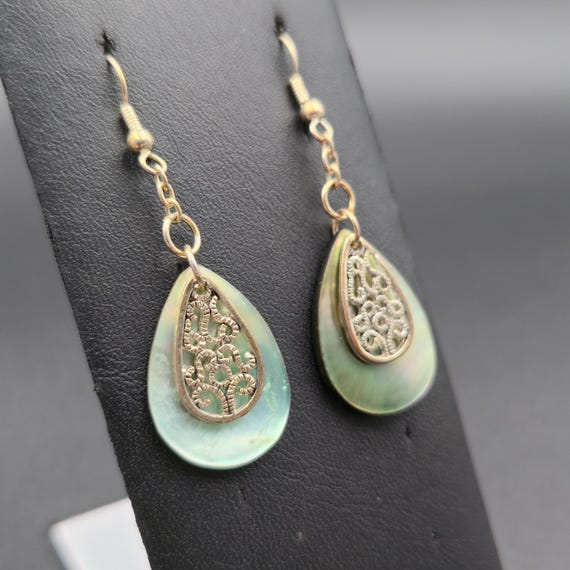 Silver Plated Shell Filigree Rustic Dangle Earrin… - image 2