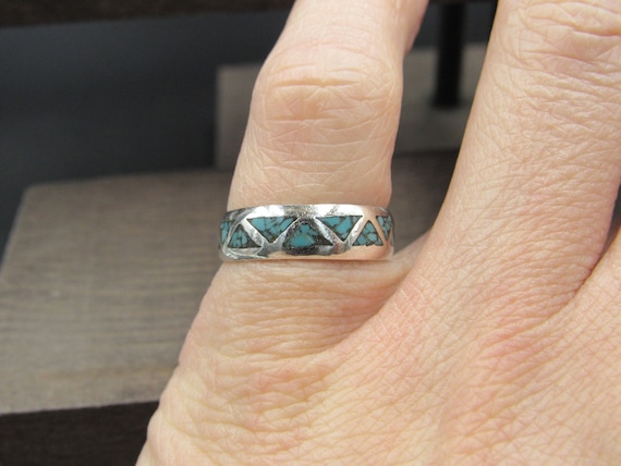 Size 6.25 Sterling Silver Blue Turquoise Chip Ban… - image 1