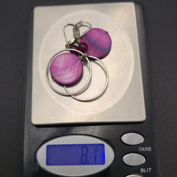 Silver Plated Purple Circle Shell Dangle Earrings… - image 5