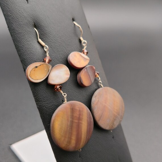 Sterling Silver Brown Shell Handmade Dangle Earri… - image 2