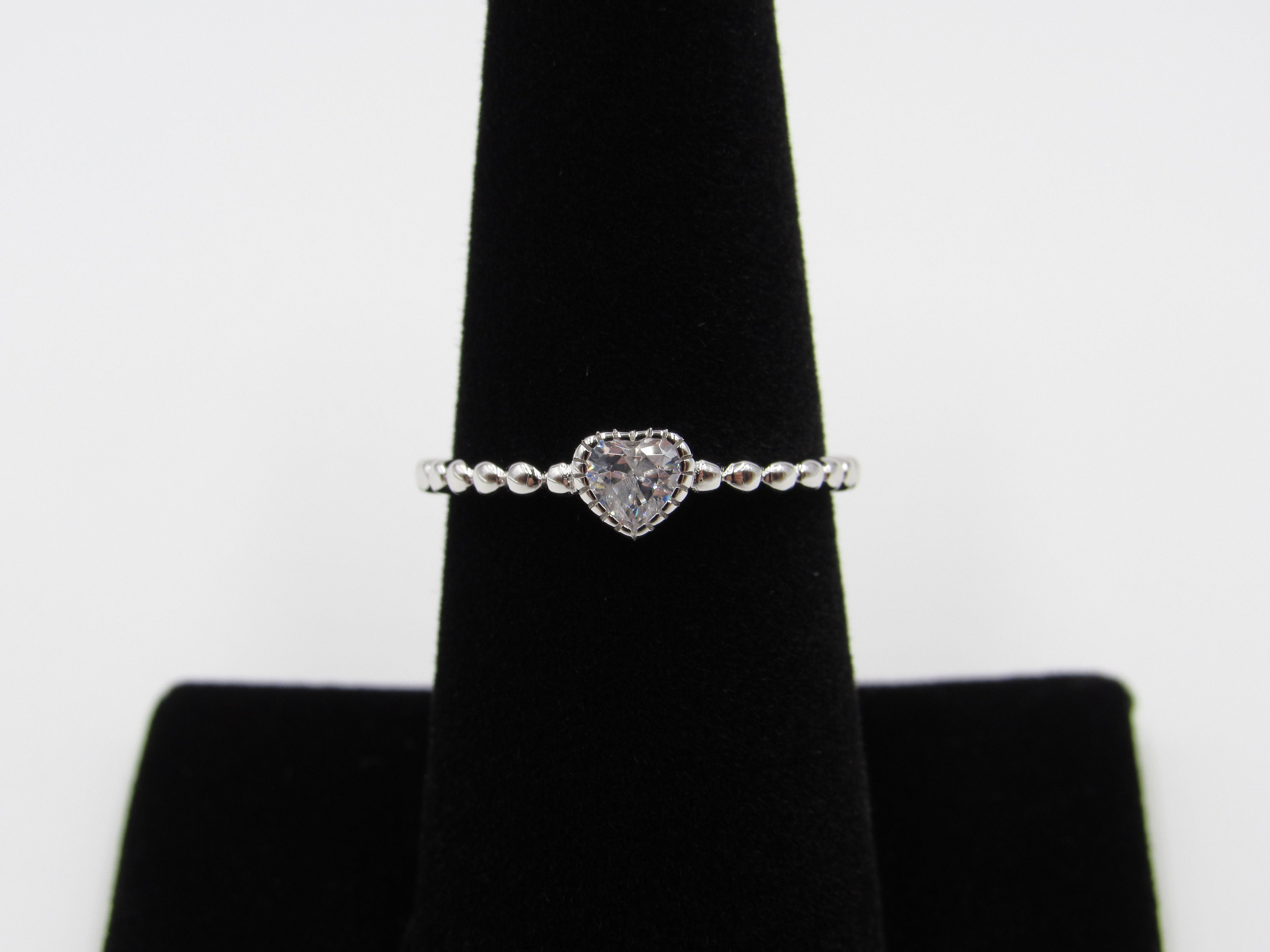 Sterling Silver Ring Size 5, 6 Beaded Clear Heart Cubic