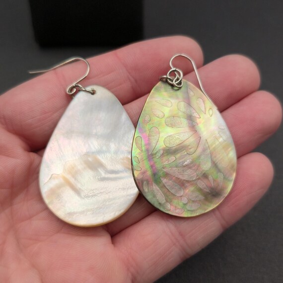 Silver Plated Floral Pattern Large Shell Dangle E… - image 3