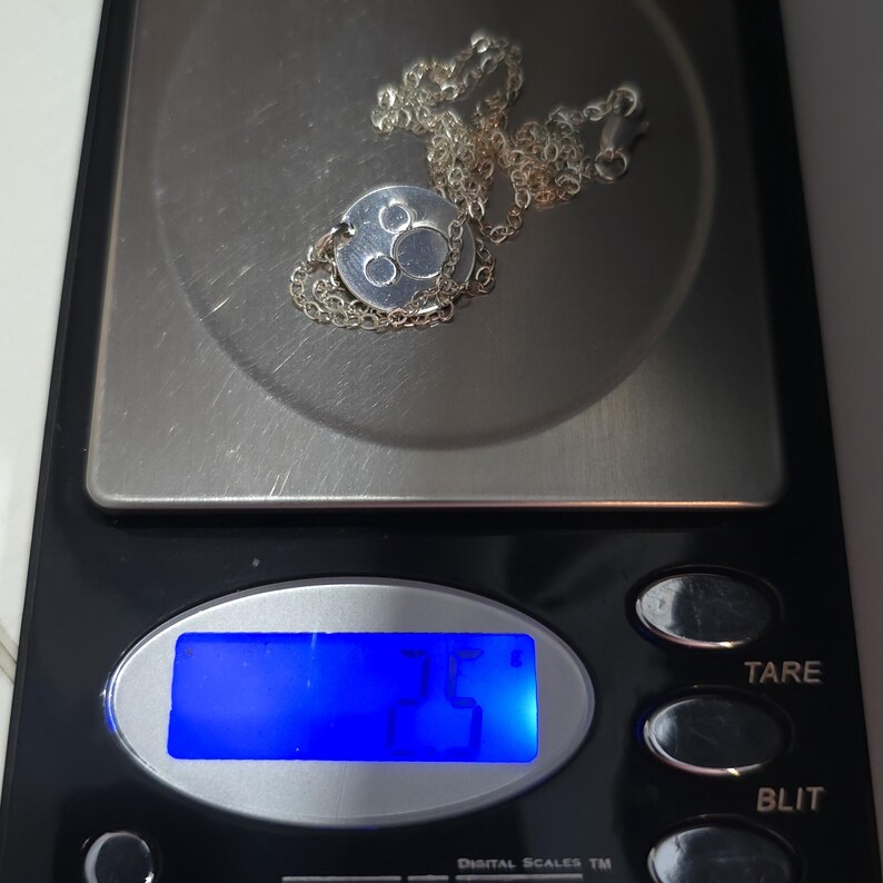 May include: A silver necklace with a round pendant featuring three circles. The necklace is on a digital scale that reads 2.5.