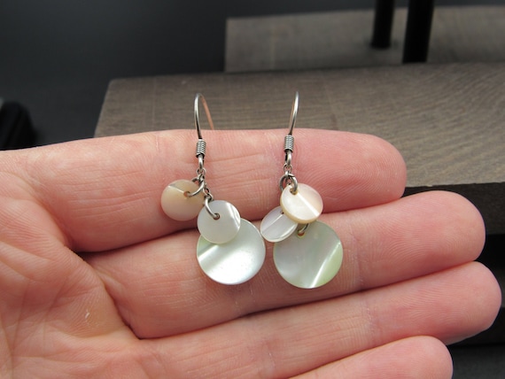 Sterling Silver Three Circle Shell Dangle Earring… - image 1