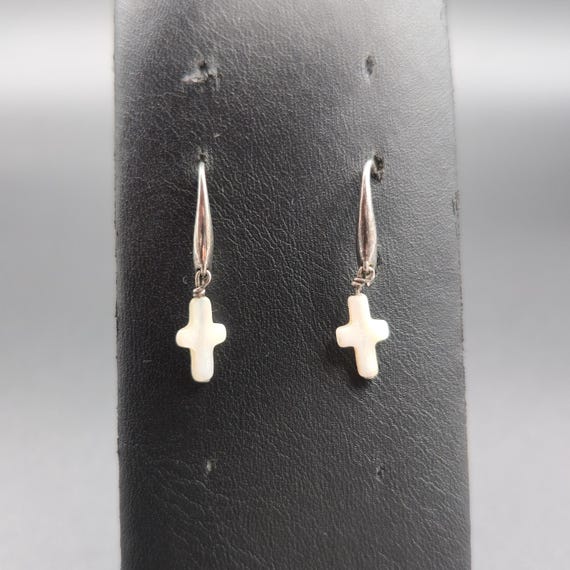 Silver Plated Cross Shell Religious Dangle Earrin… - image 1