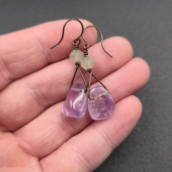 Copper Handmade Amethyst Stone Dangle Earrings A6… - image 3