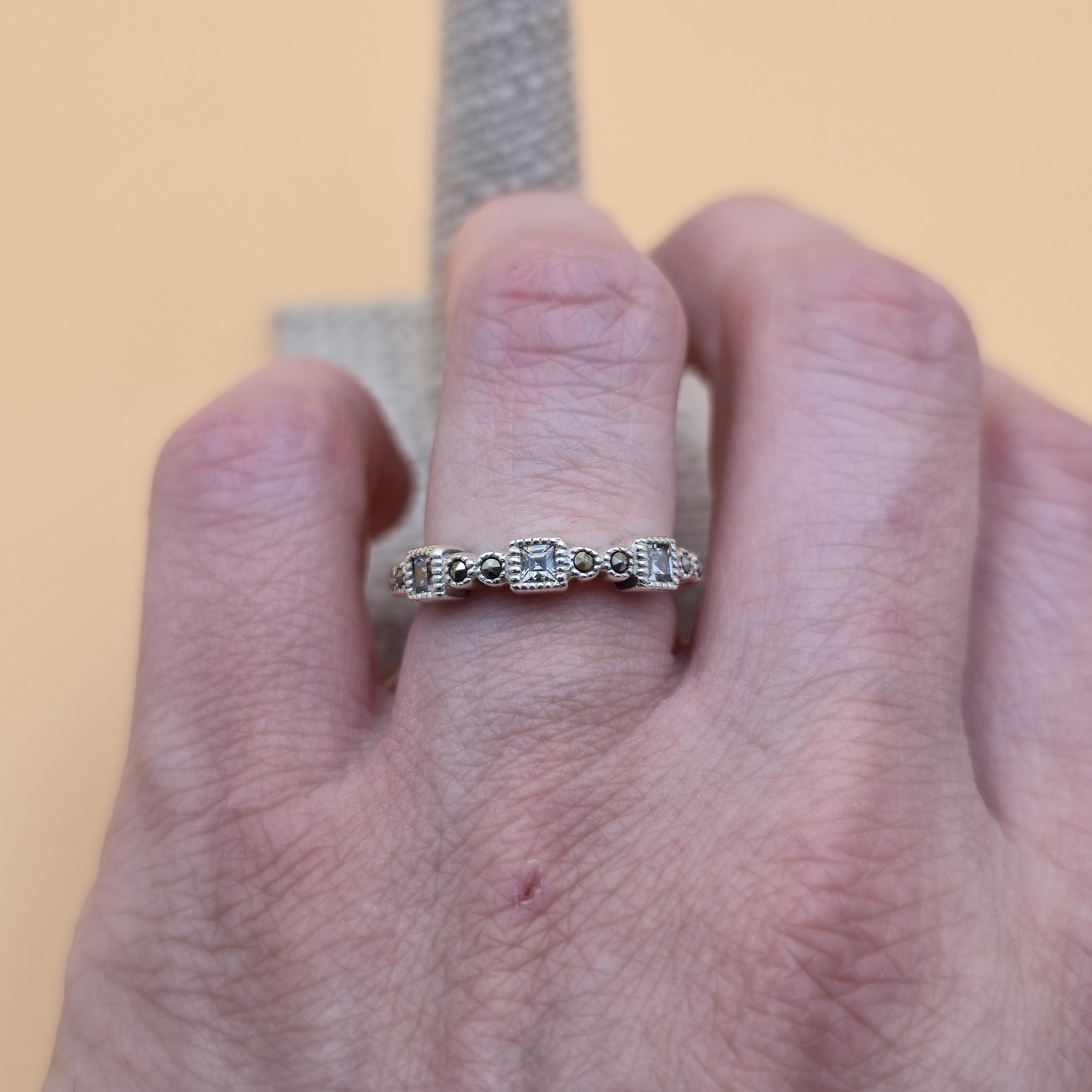 Size 7 Sterling Silver Square Cubic Zirconia and Marcasites Ring