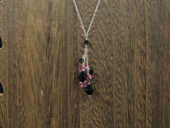 18" Sterling Silver Black Pink Crystal Necklace V… - image 1