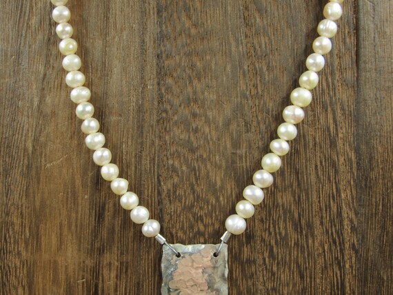 16" Sterling Silver Pearl & Hammered Pendant Neck… - image 2