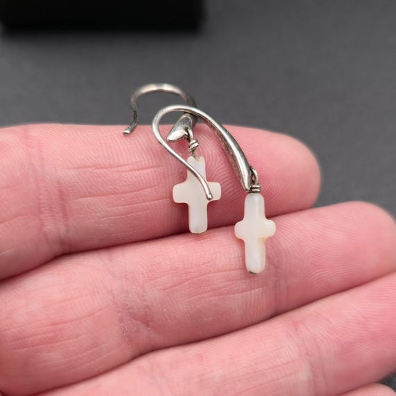 Silver Plated Cross Shell Religious Dangle Earrin… - image 3