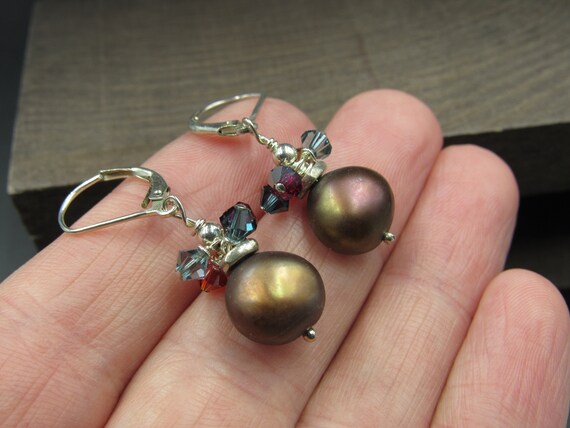 Sterling Silver Brown Pearls With Crystals Earrin… - image 2