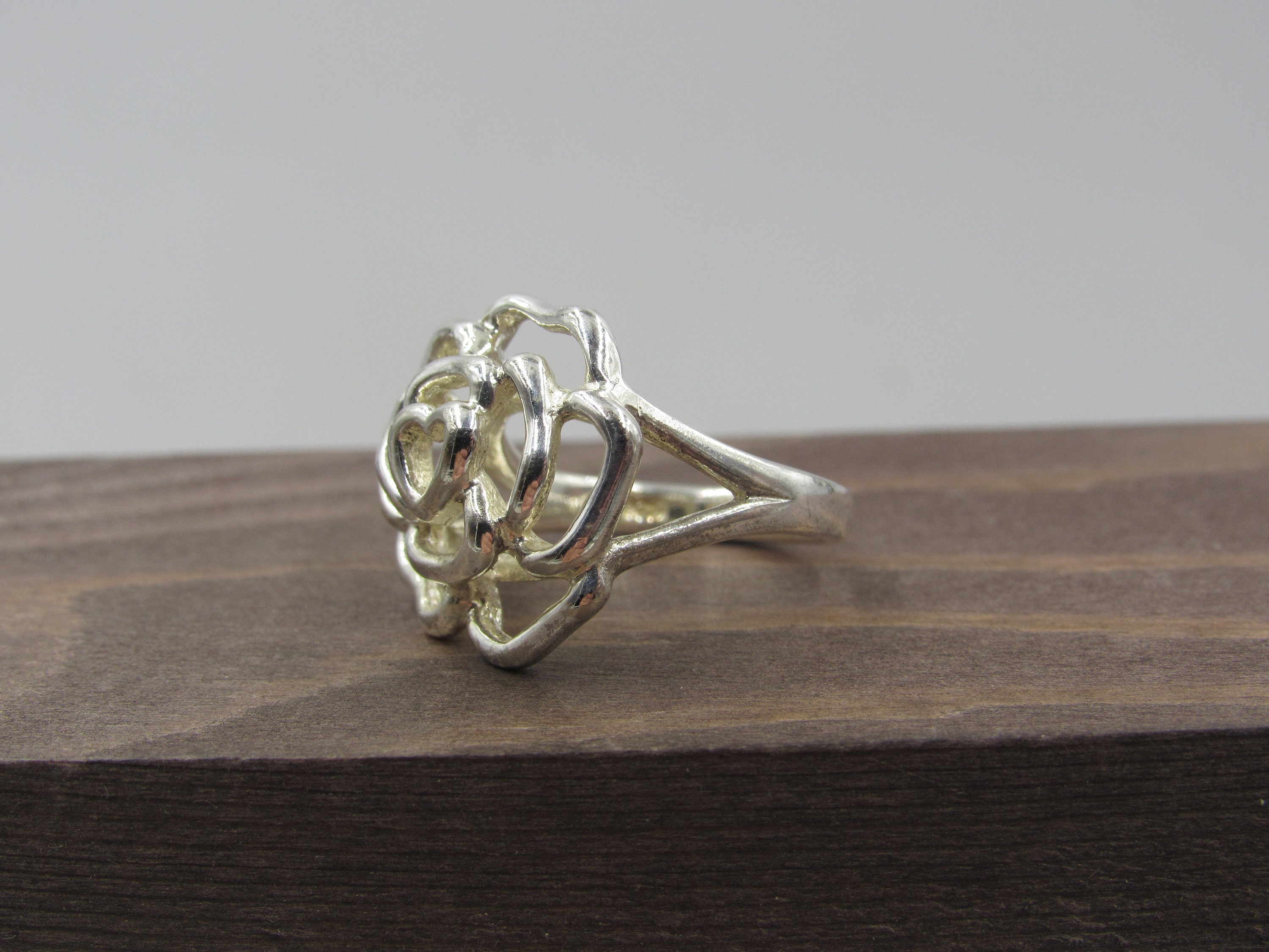 Size 6.75 Sterling Silver Unique Flower Heart Band Ring