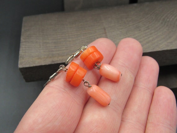 Sterling Silver Orange Shell Dangle Earrings Vint… - image 2