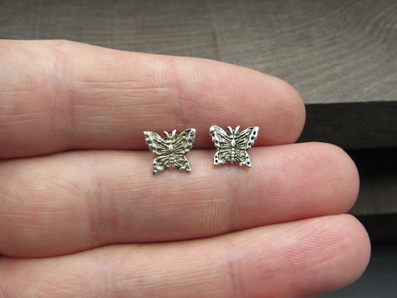 Sterling Silver Tiny Butterfly Rustic Stud Earrin… - image 1