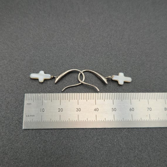 Silver Plated Cross Shell Religious Dangle Earrin… - image 4