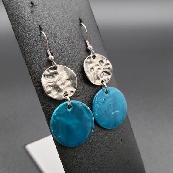 Silver Plated Round Blue Shell Dangle Earrings A6… - image 2