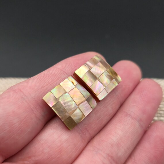 Silver Plated Checkered Shell Square Earrings A68… - image 2