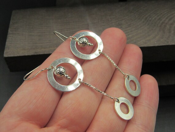 Sterling Silver Double Circle Long Dangle Earring… - image 2