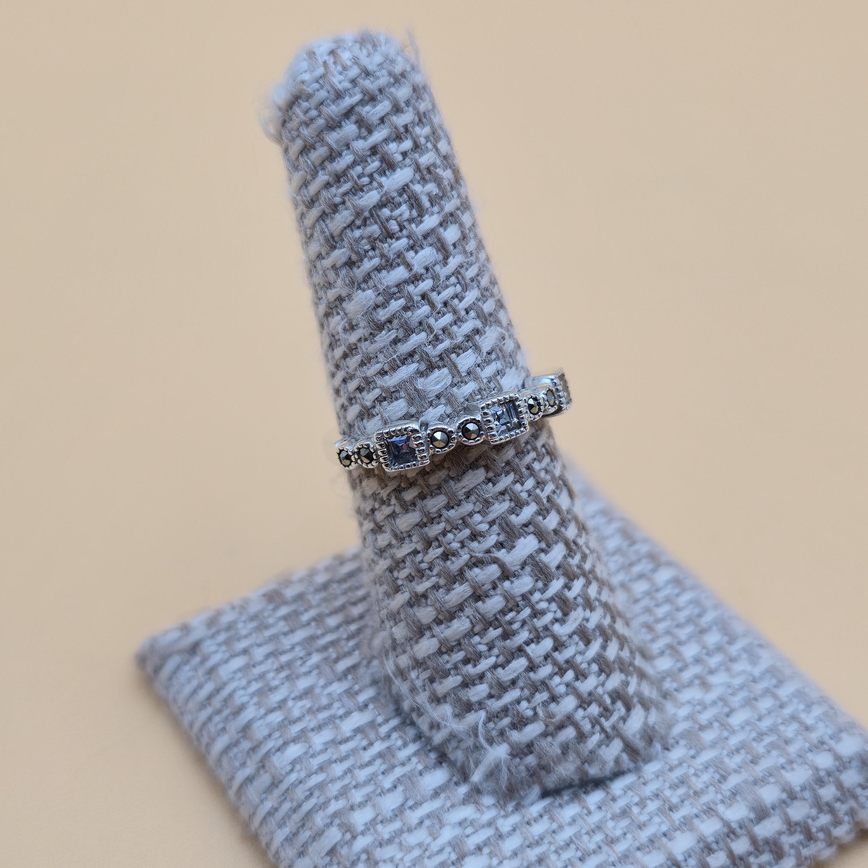 Size 7 Sterling Silver Square Cubic Zirconia and Marcasites Ring