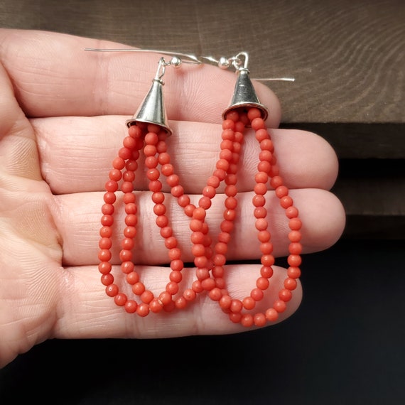 Sterling Silver Unique Red Shell Double String Ea… - image 1