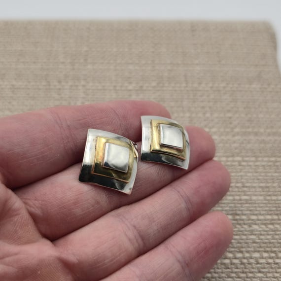 Sterling Silver Two Tone Pattern Solid Earrings A… - image 2