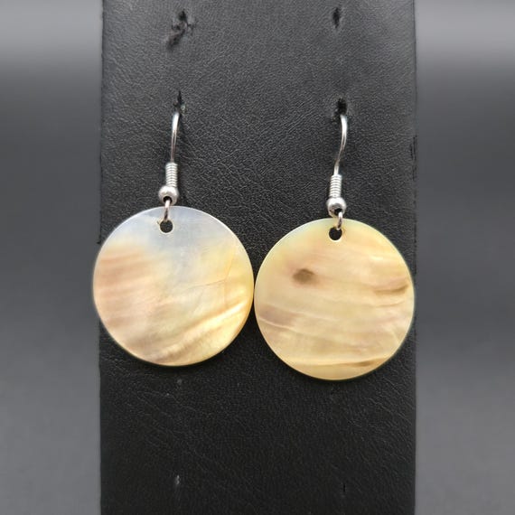 Silver Plated Circle Cream Shell Dangle Earrings … - image 1
