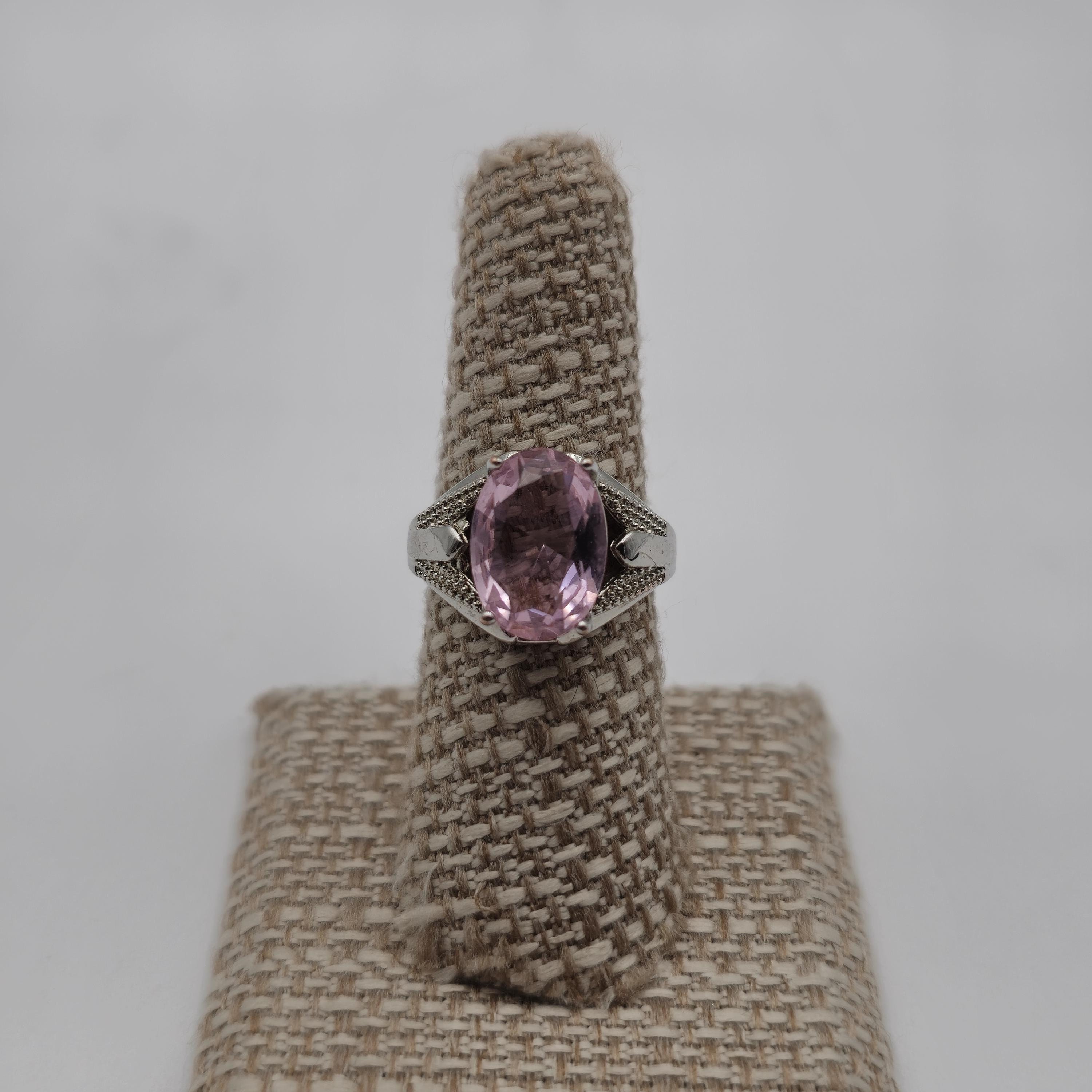 Size 7 Silver and Copper Tone Large Pink Cubic Zirconia Gem Ring