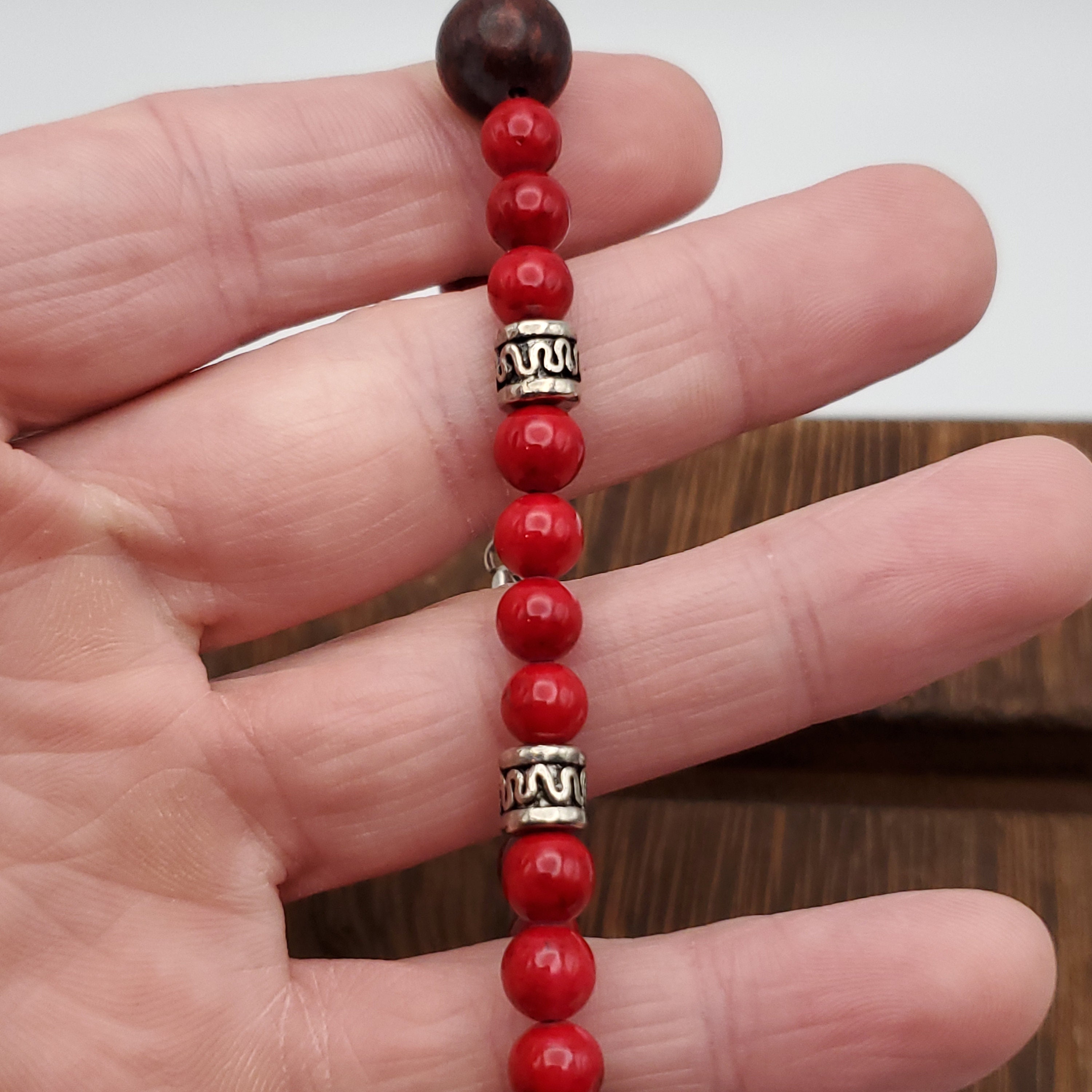 8 Inch 925 Sterling Silver Beautiful Red and Black Stones