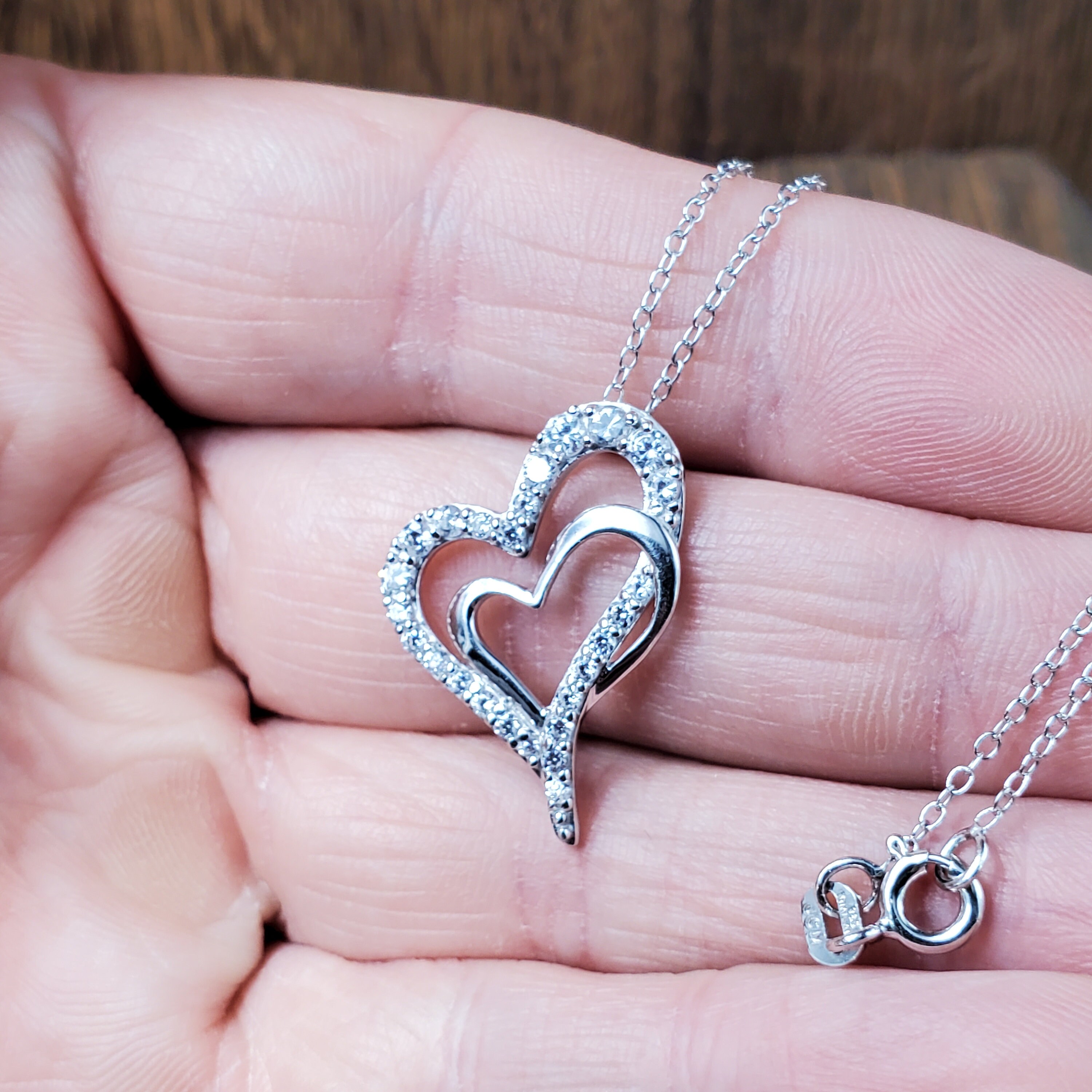 18 Inch Sterling Silver Cubic Zirconia Double Cute Heart