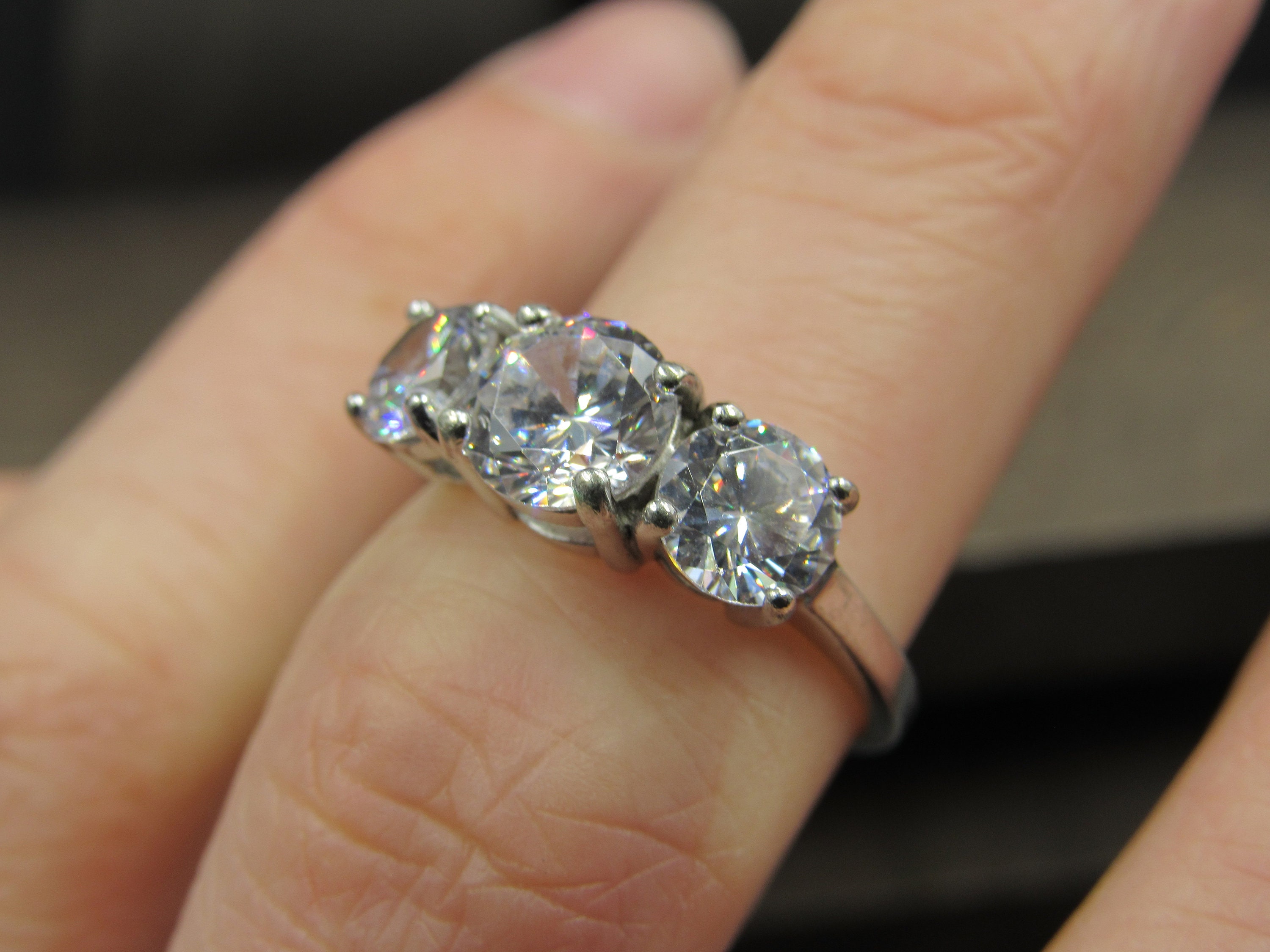 Size 7 Sterling Silver Bright Cubic Zirconia Triple Gem Band