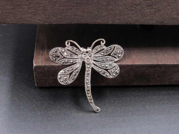 Sterling Silver Marcasite Dragonfly Pin Brooch - image 1